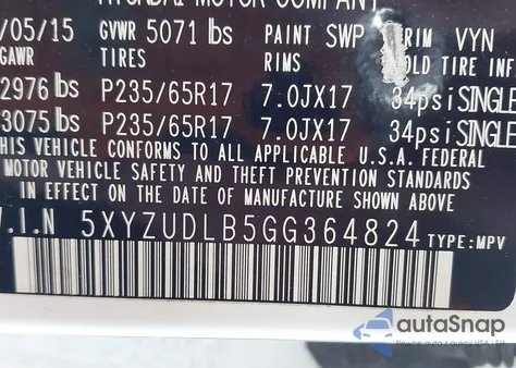 2016 Hyundai Santa Fe Sport 2.4L z USA, uszkodzony, nr VIN 5XYZUDLB5GG364824